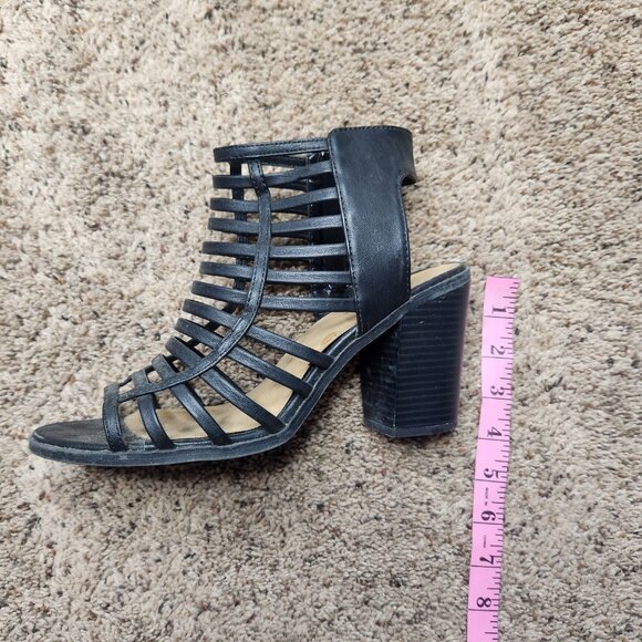 Soda Black Strappy Cadged Chunky Block Ankle Heels - Picture 4 of 10